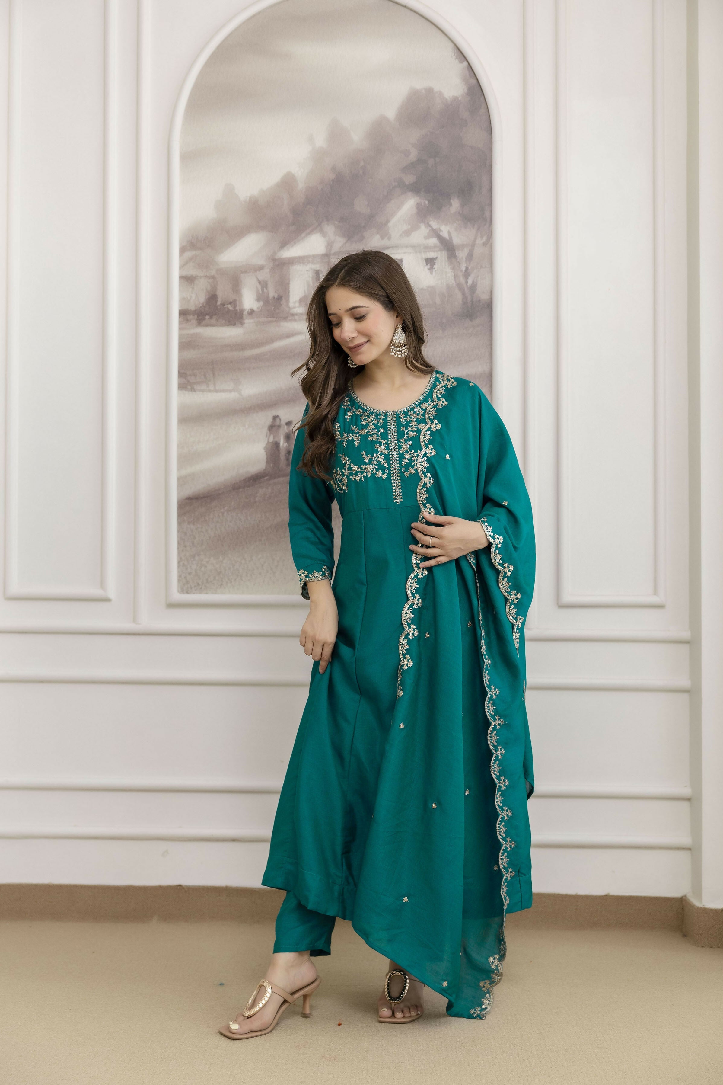 The52 Rama Women's Beautiful Vichitra Silk Fabric Embroidered Work Flared Anarkali Pant and Dupatta Set - Distacart