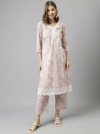 FIORRA Women's Pink Cotton A-Line Kurta Set