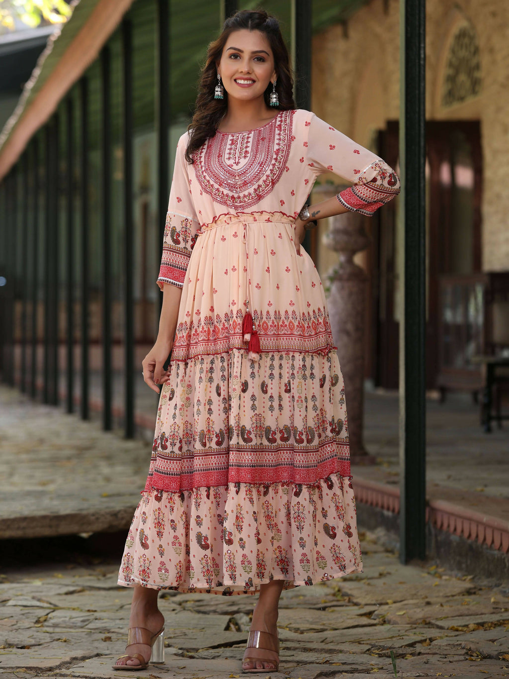 Juniper Women's Peach Georgette Floral Embroderied Maxi Dress - Distacart
