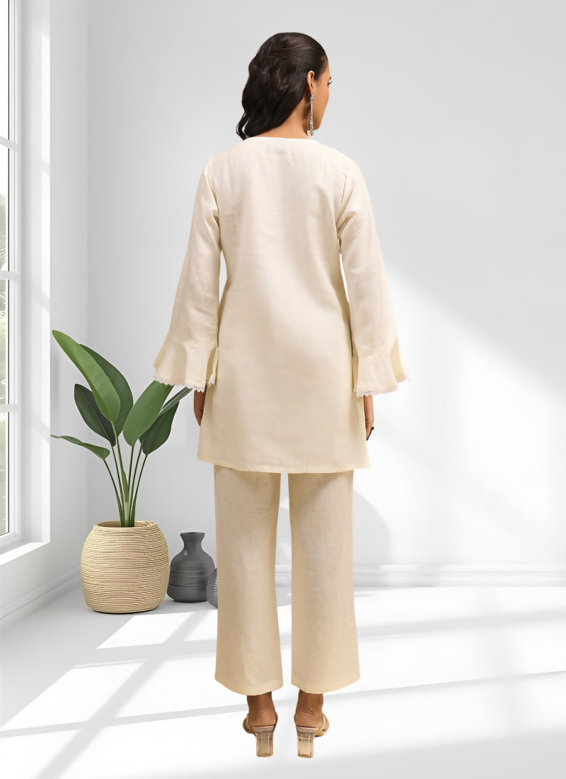 Joban Fashion Cream Linen Embroidered Readymade Cord Set - Distacart