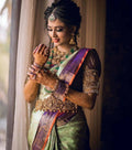 DEIANA'S Beautiful Designer Golden zari Soft Lichi Silk Saree - Pista