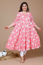 Miravan Women's Pink Plus Size Cotton Floral Printed Anarkali Kurta