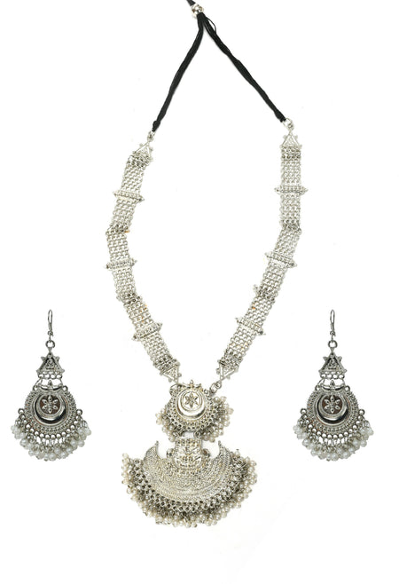 Mominos Fashion Johar Kamal Silver-Plated Brass Finish Rani Haar Statement Necklace For Women