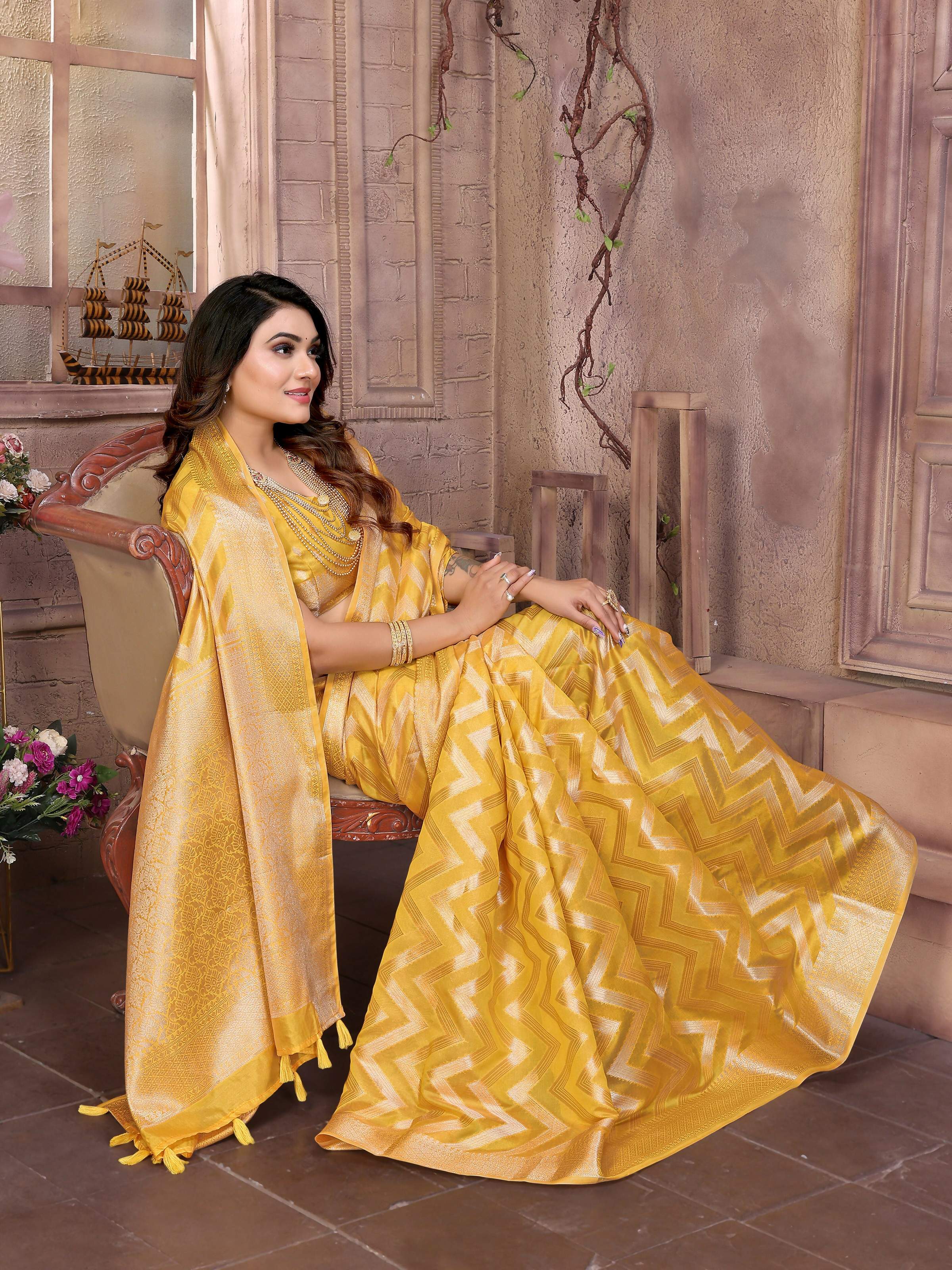 Aastha Fashion Yellow Soft Organza Silk Weaving Saree - Distacart