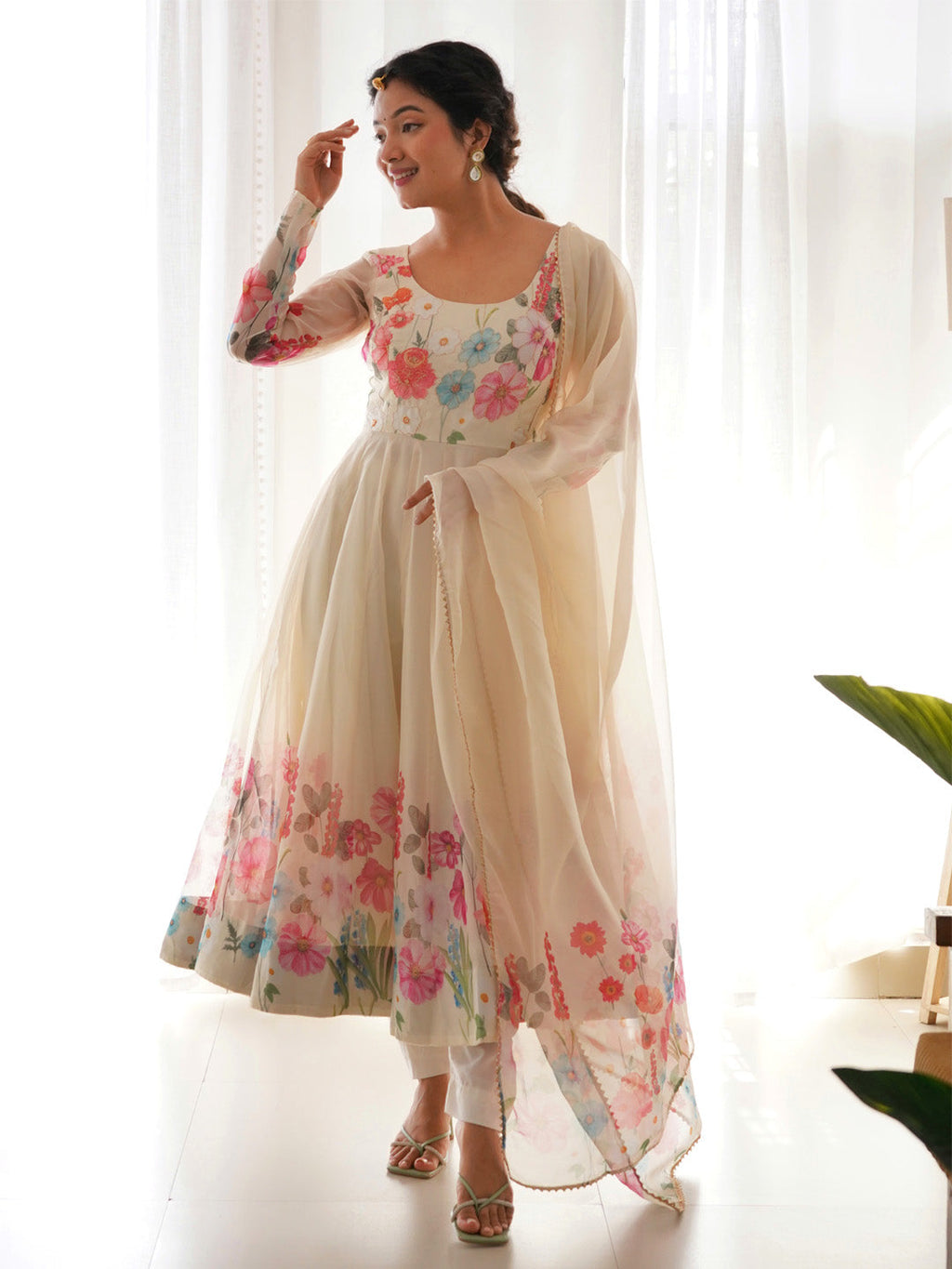 Evanik Cream Soft Organza Silk With Floral Print Fully Flared Anarkali Pant With Dupatta Set - Distacart