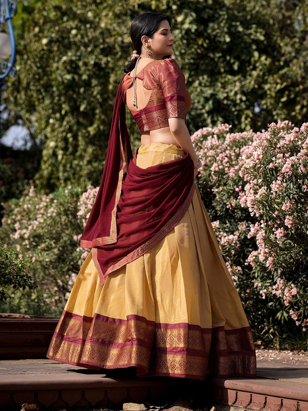 Lorenvalley Cream Kanchipuram Zari Weaving Work Lehenga Choli with Dupatta