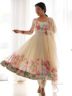 Evanik Cream Soft Organza Silk With Floral Print Fully Flared Anarkali Pant With Dupatta Set - Distacart