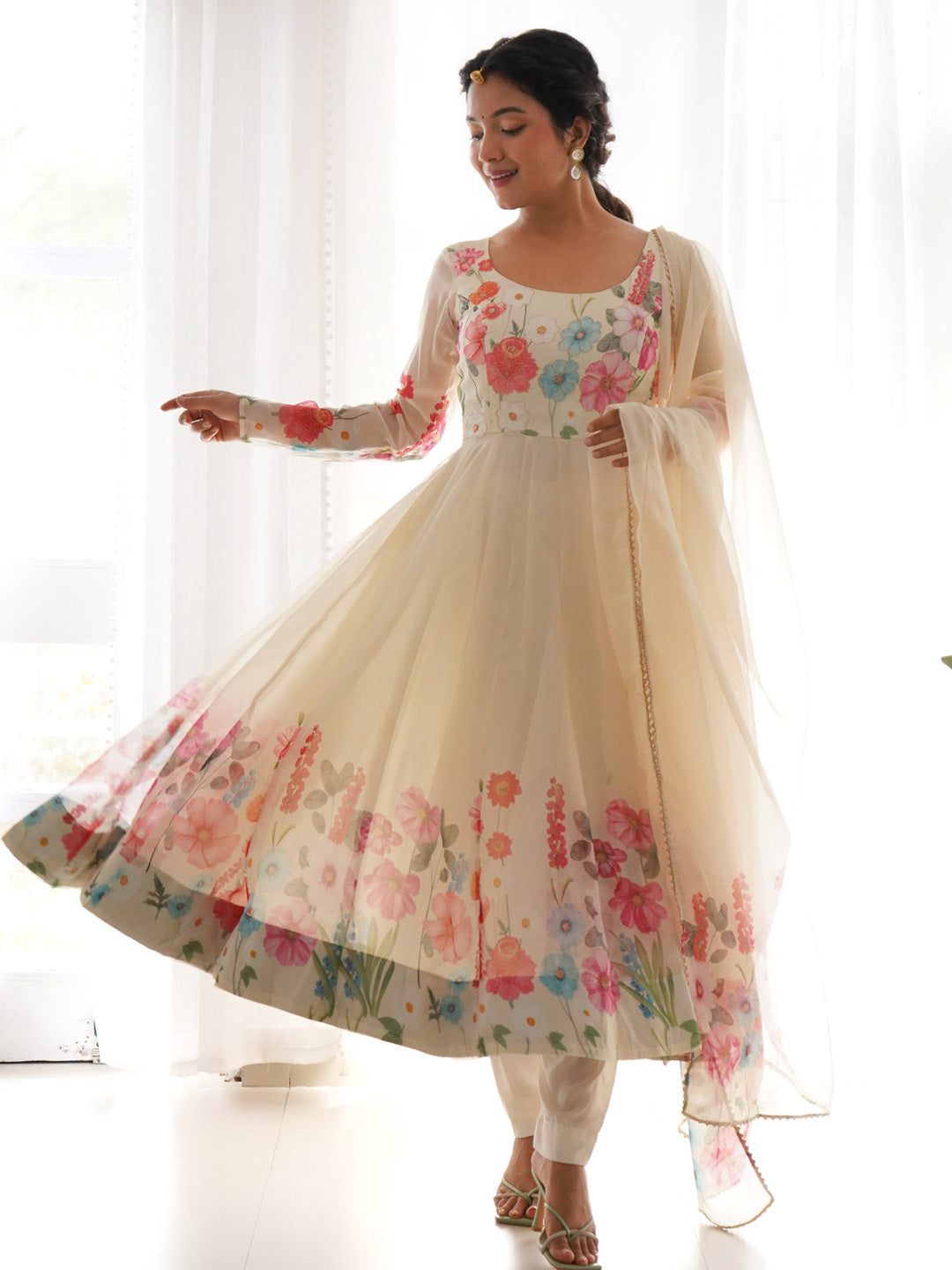 Evanik Cream Soft Organza Silk With Floral Print Fully Flared Anarkali Pant With Dupatta Set - Distacart