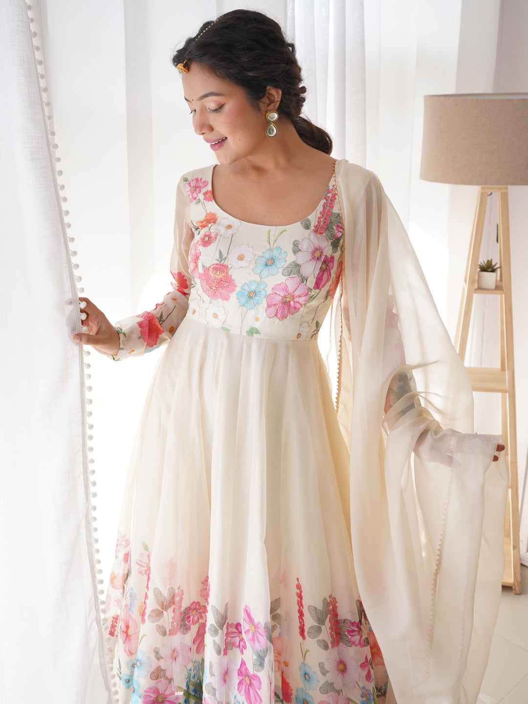 Evanik Cream Soft Organza Silk With Floral Print Fully Flared Anarkali Pant With Dupatta Set - Distacart