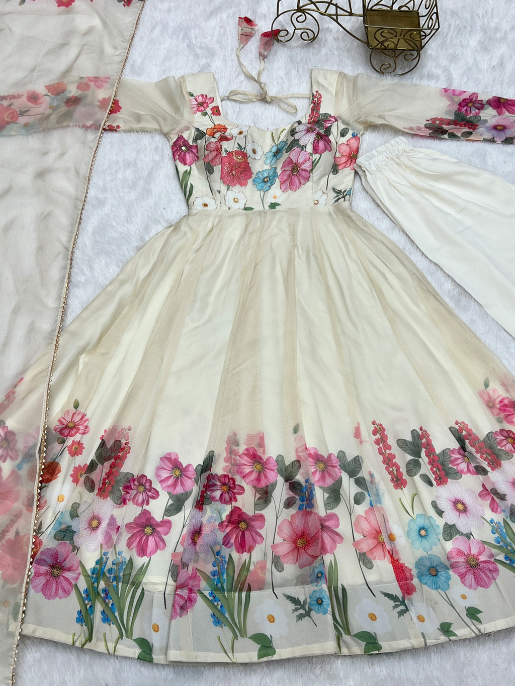 Evanik Cream Soft Organza Silk With Floral Print Fully Flared Anarkali Pant With Dupatta Set - Distacart