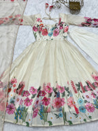 Evanik Cream Soft Organza Silk With Floral Print Fully Flared Anarkali Pant With Dupatta Set - Distacart