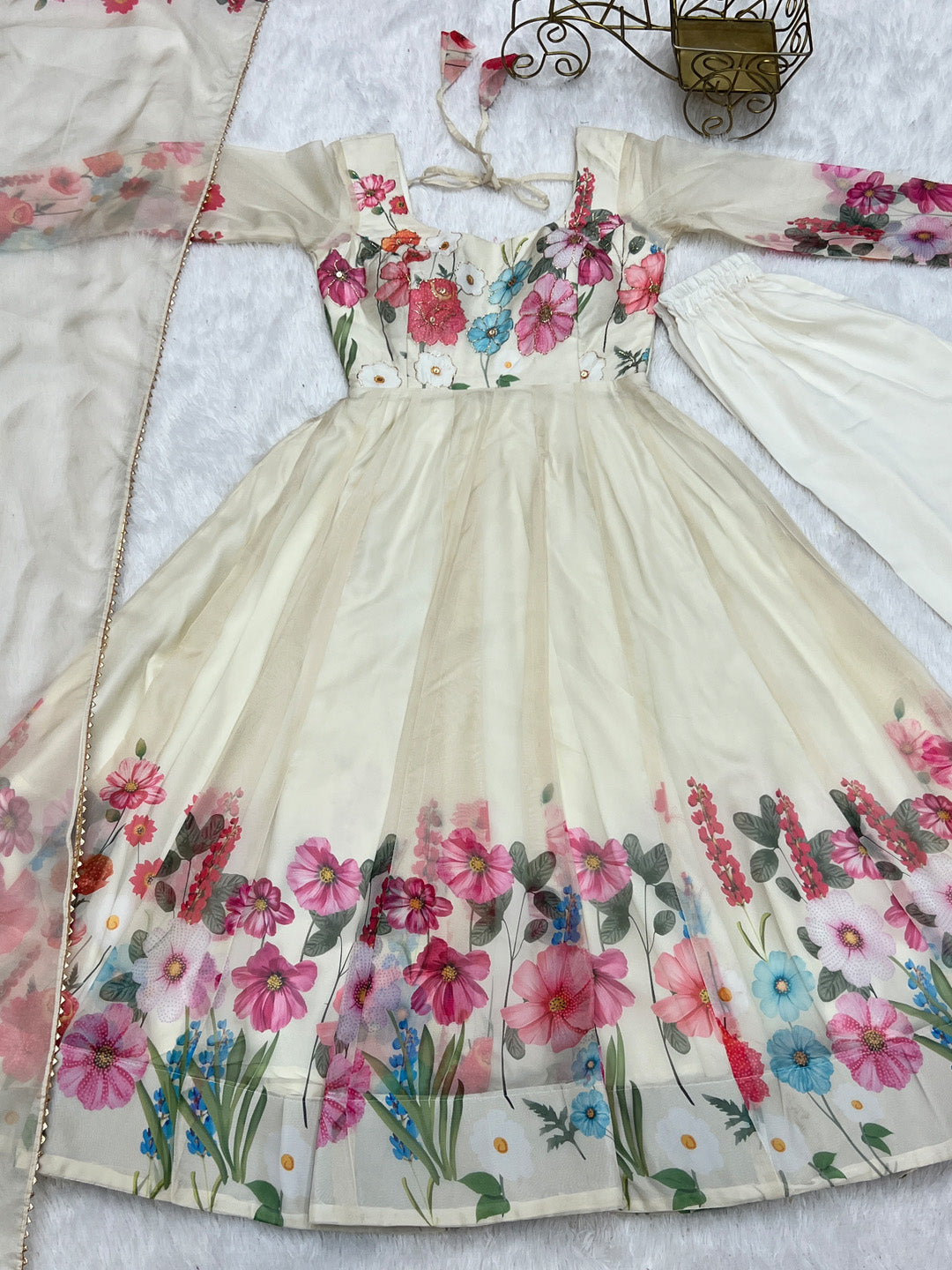 Evanik Cream Soft Organza Silk With Floral Print Fully Flared Anarkali Pant With Dupatta Set - Distacart