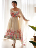 Evanik Cream Soft Organza Silk With Floral Print Fully Flared Anarkali Pant With Dupatta Set - Distacart