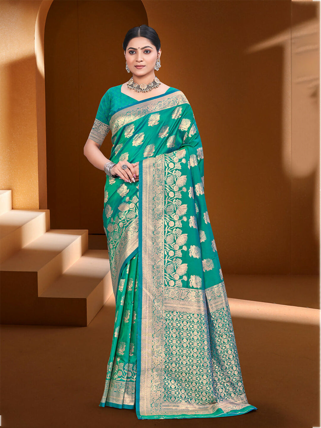 Sangam Prints Turquoise Silk Woven Work Traditional Saree
