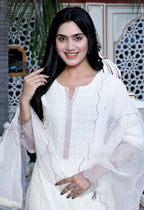 Miravan Women's Organza Cotton Chikankari Embroidered With Purple Sequence work Jaipuri Suit Set