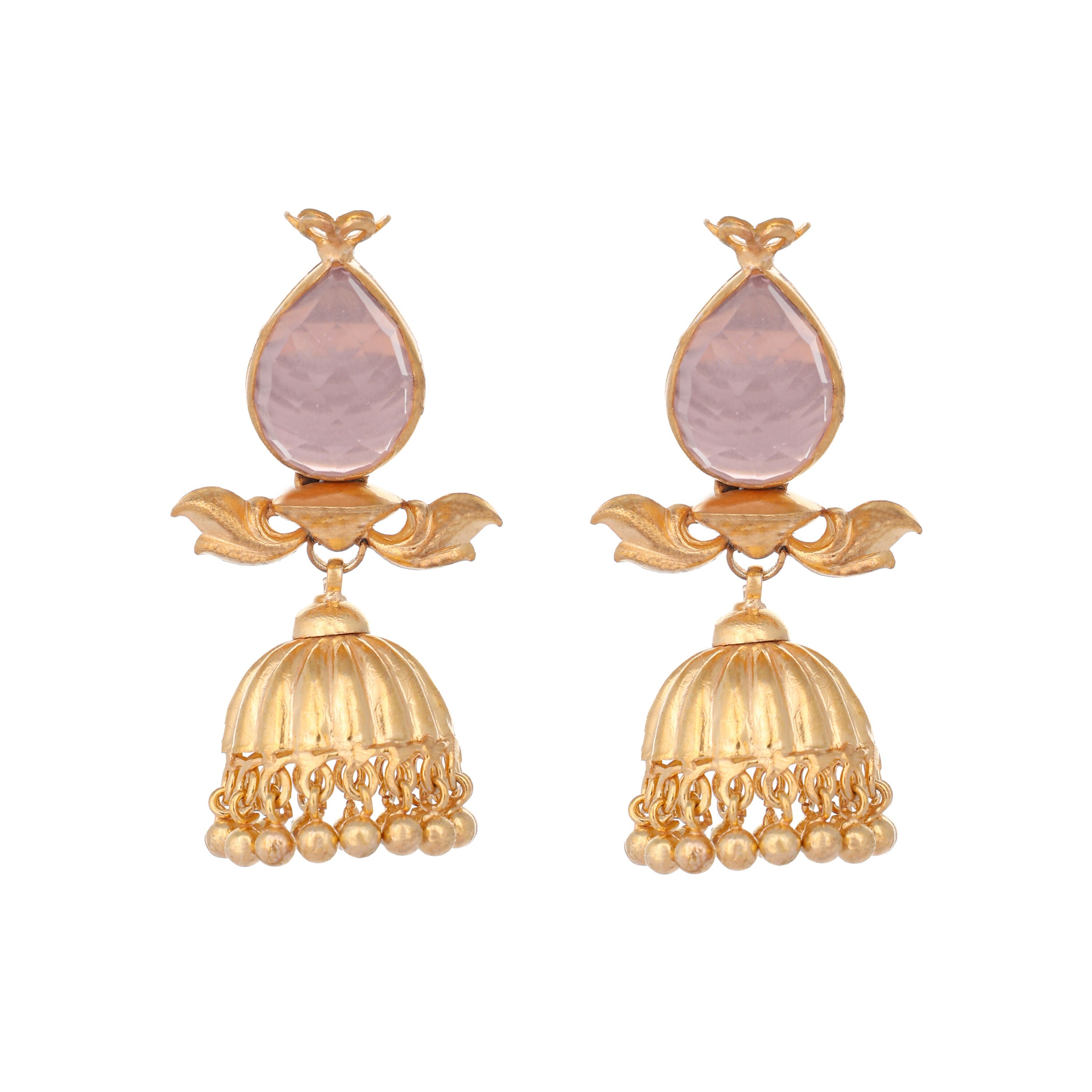 Nuyug 22K Gold Plated Rose Quartz Stone Studded Ethnic Jhumkas - Distacart