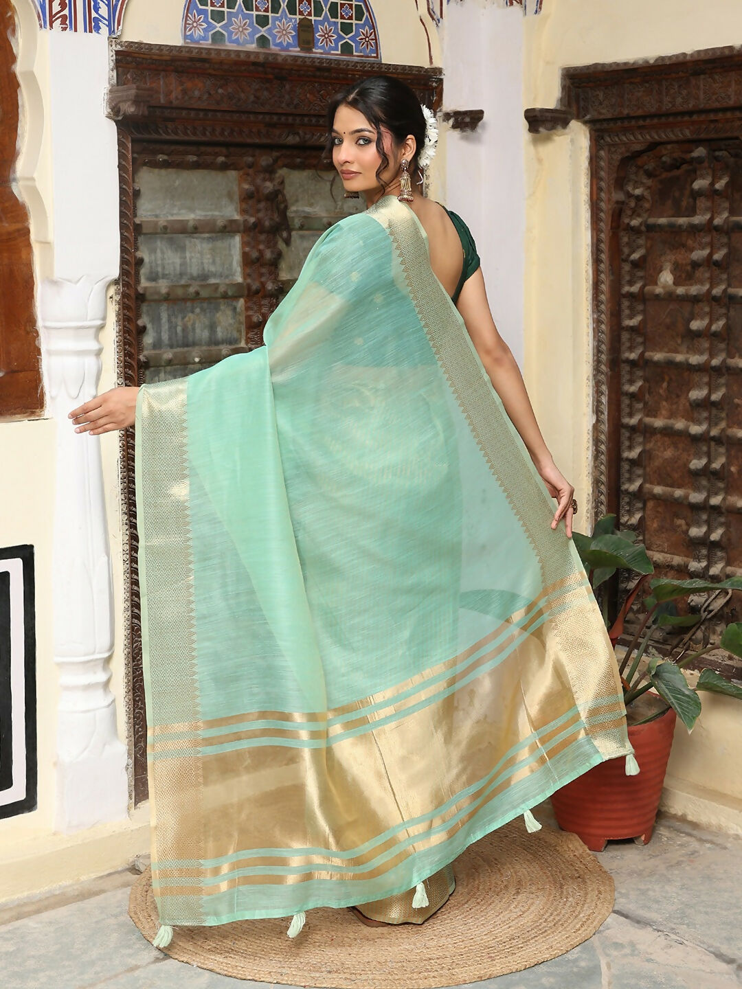 Shree Shyam Fashion Sea Green Cotton Saree - Distacart