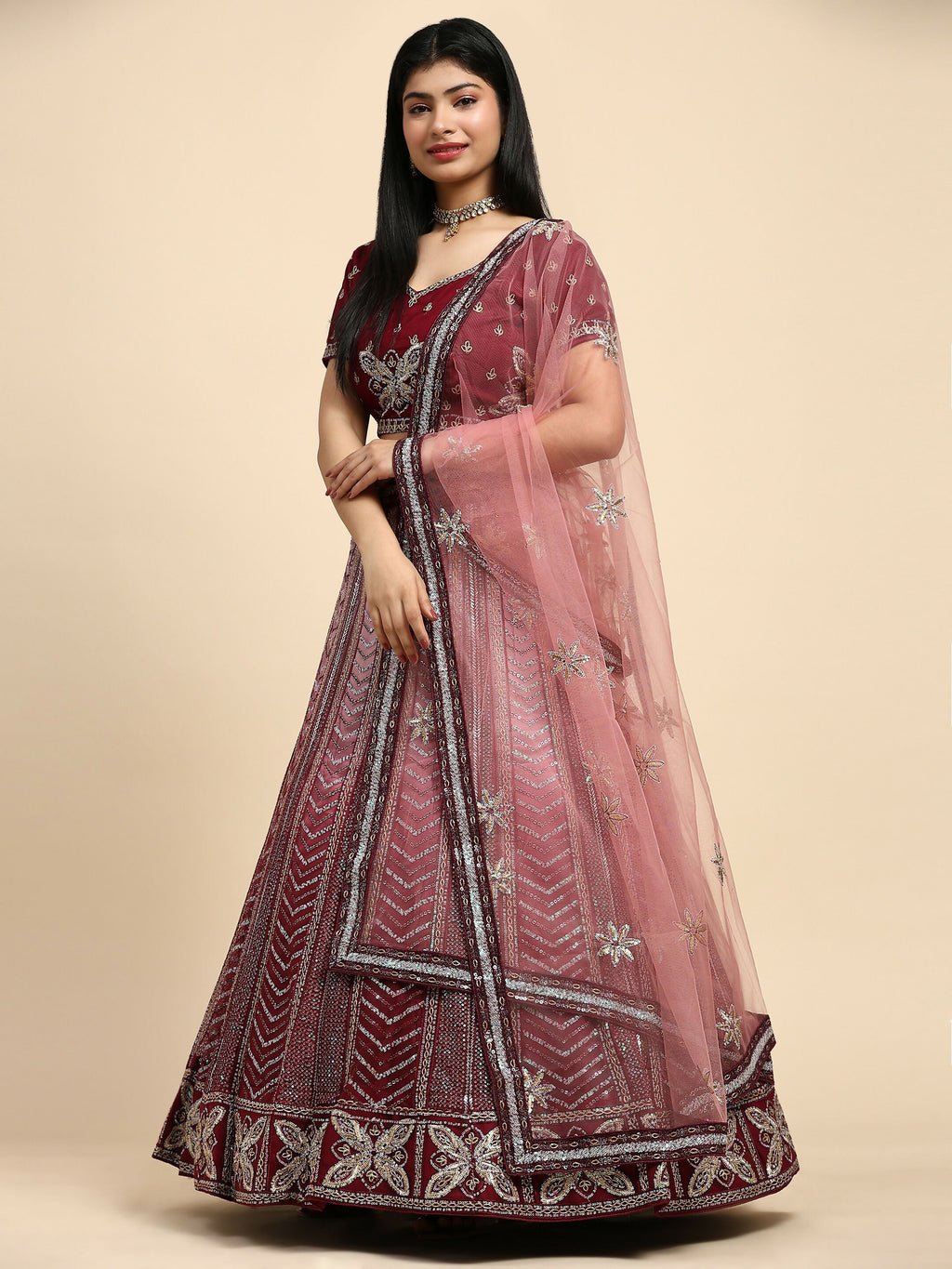 Maroon Fancy Net Sequence Embroidered Lehenga Choli with Dupatta - Dhara