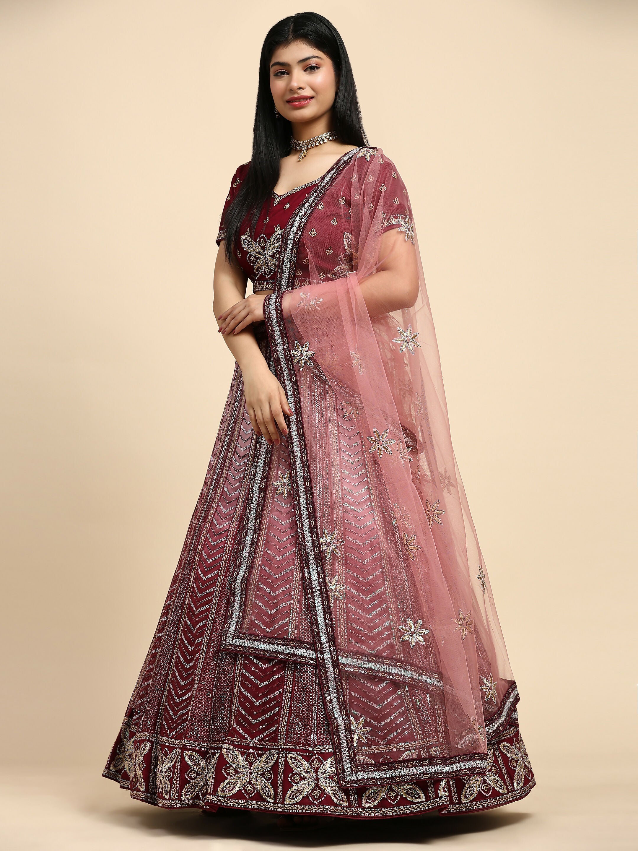 Maroon Fancy Net Sequence Embroidered Lehenga Choli with Dupatta - Dhara