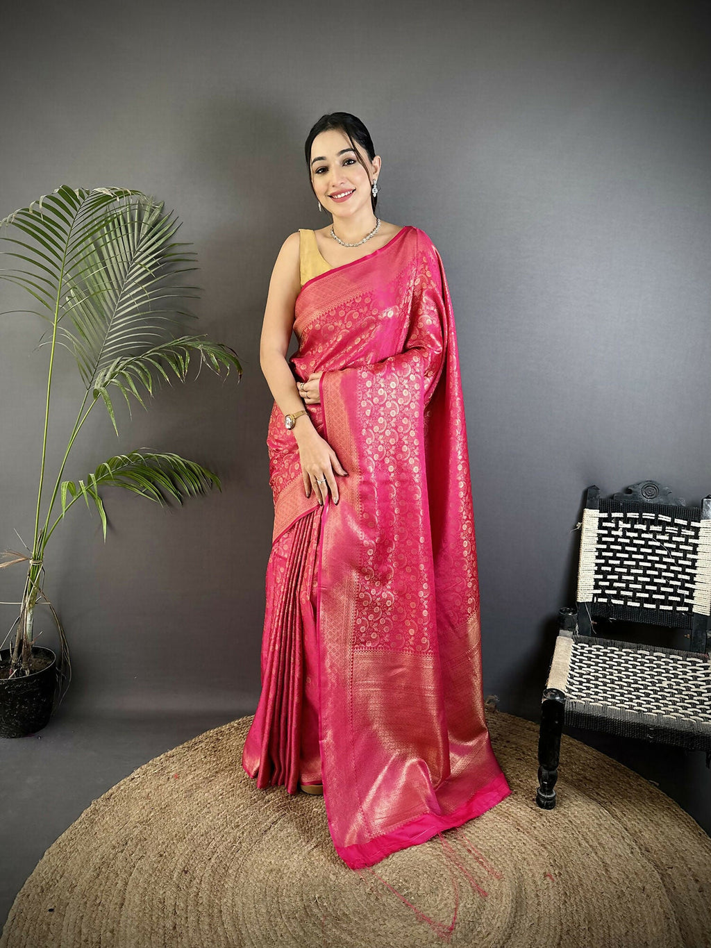 Joban Fashion Rani Pink Floral & Paisley Motifs Soft Satin Silk Banarasi Saree - Distacart