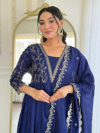 The52 Blue Women's Beautiful Embroidered Vichitra Silk Fabric with Flared Kurta, Pant and Dupatta Set - Distacart