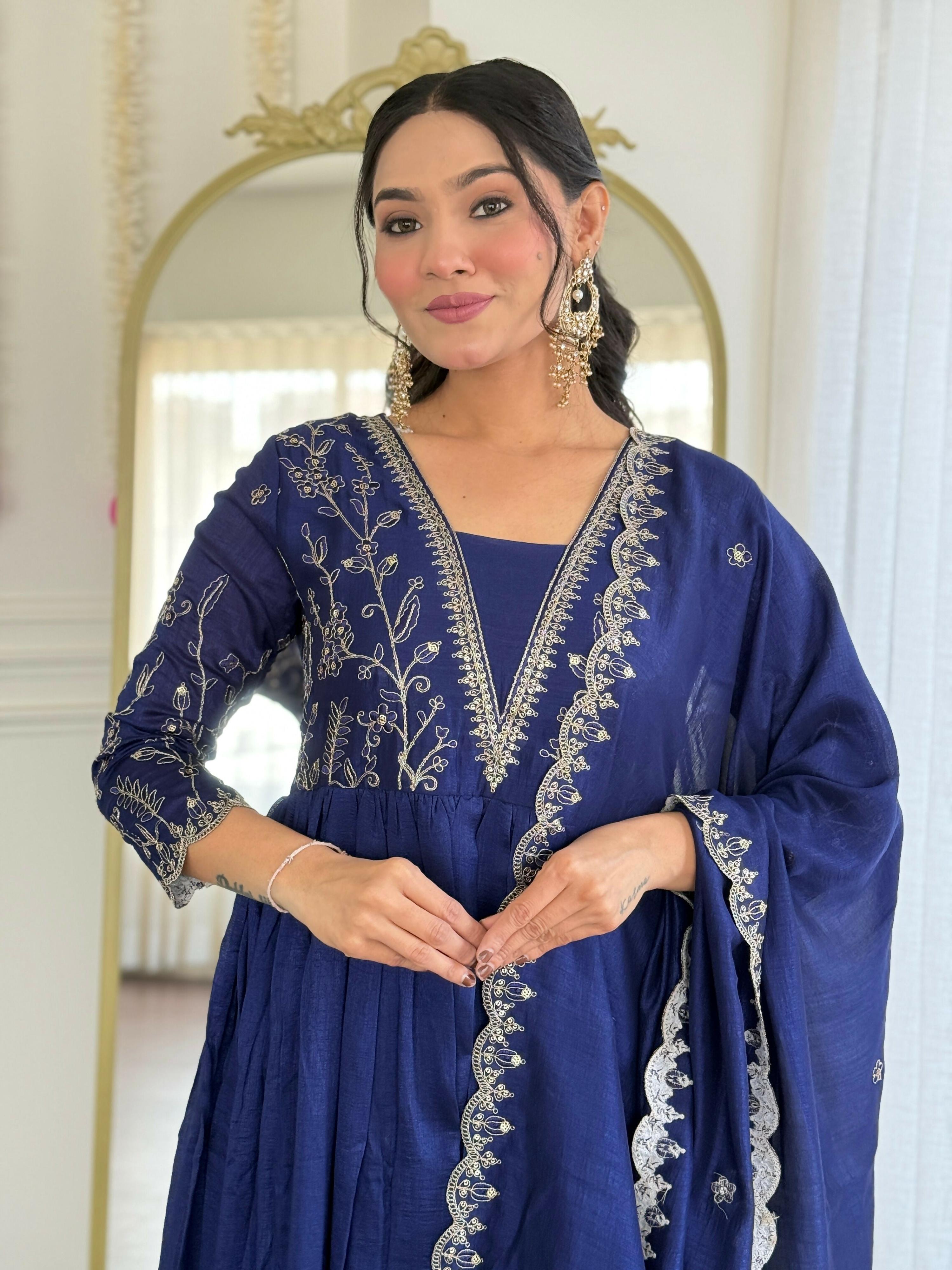 The52 Blue Women's Beautiful Embroidered Vichitra Silk Fabric with Flared Kurta, Pant and Dupatta Set - Distacart