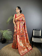 Joban Fashion Orange Floral & Potentially Peacock Soft Silk Paithani Saree - Distacart