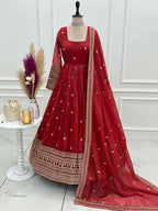 The52 Women's Beautiful Embroidery Work Crunchy Silk Fabric Flared Anarkali and Dupatta Set - Distacart