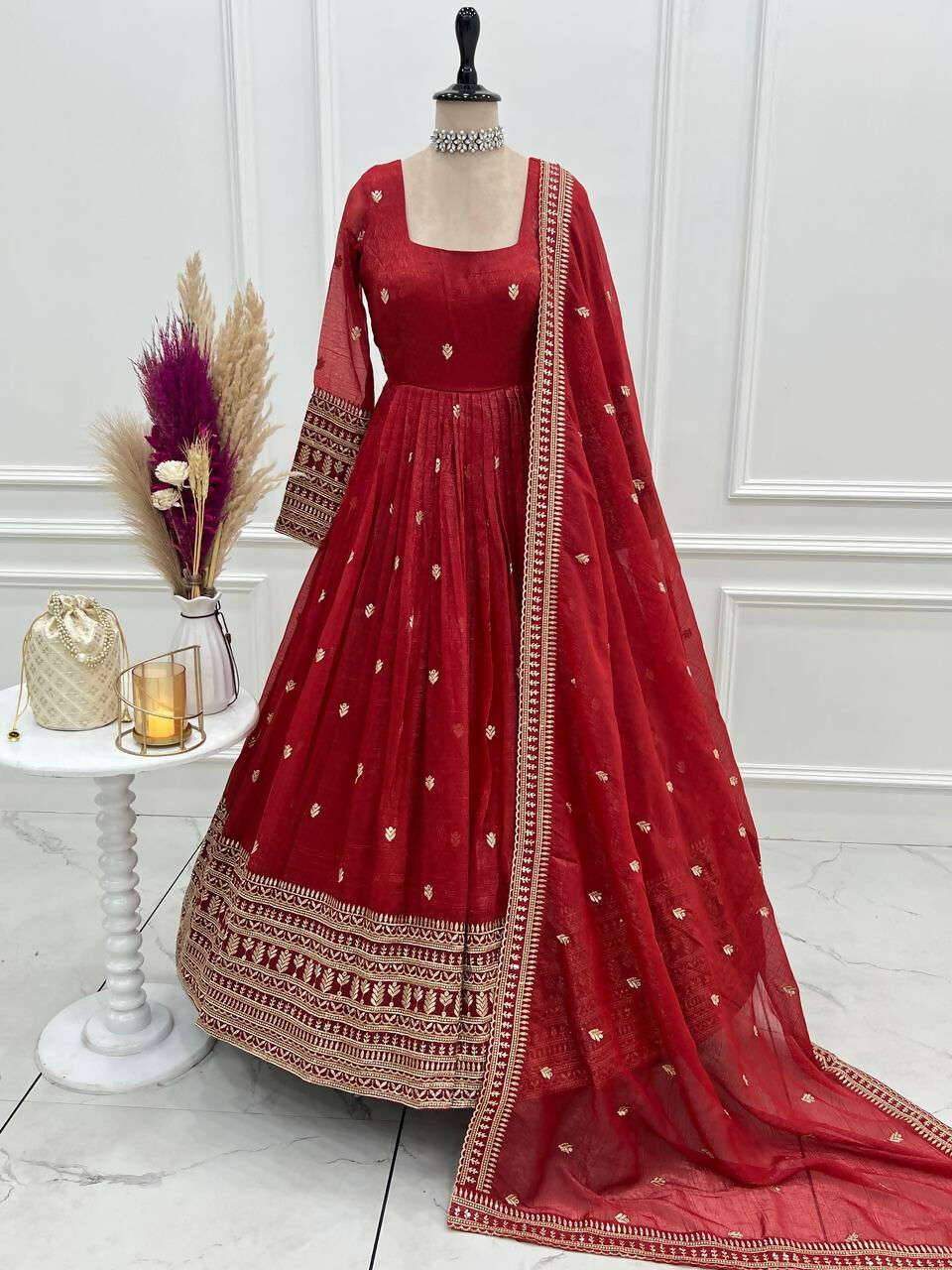 The52 Women's Beautiful Embroidery Work Crunchy Silk Fabric Flared Anarkali and Dupatta Set - Distacart