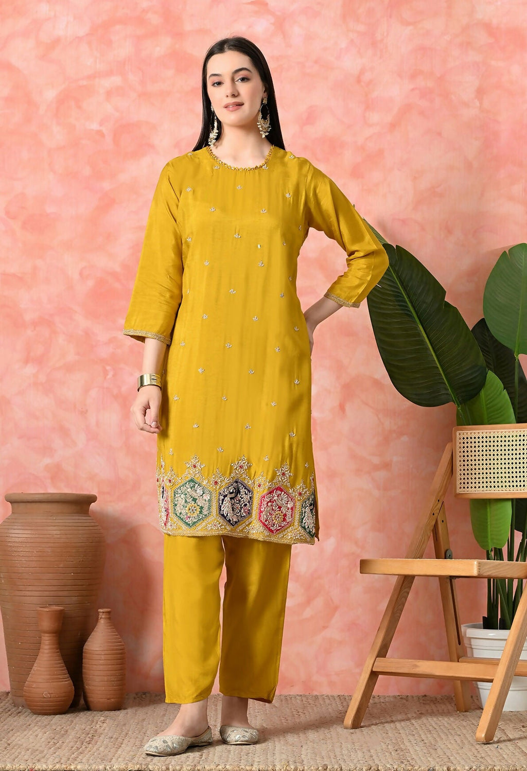 Joban Fashion Mustard Premium Pure Viscose Print Dola With Handwork Kurta Set