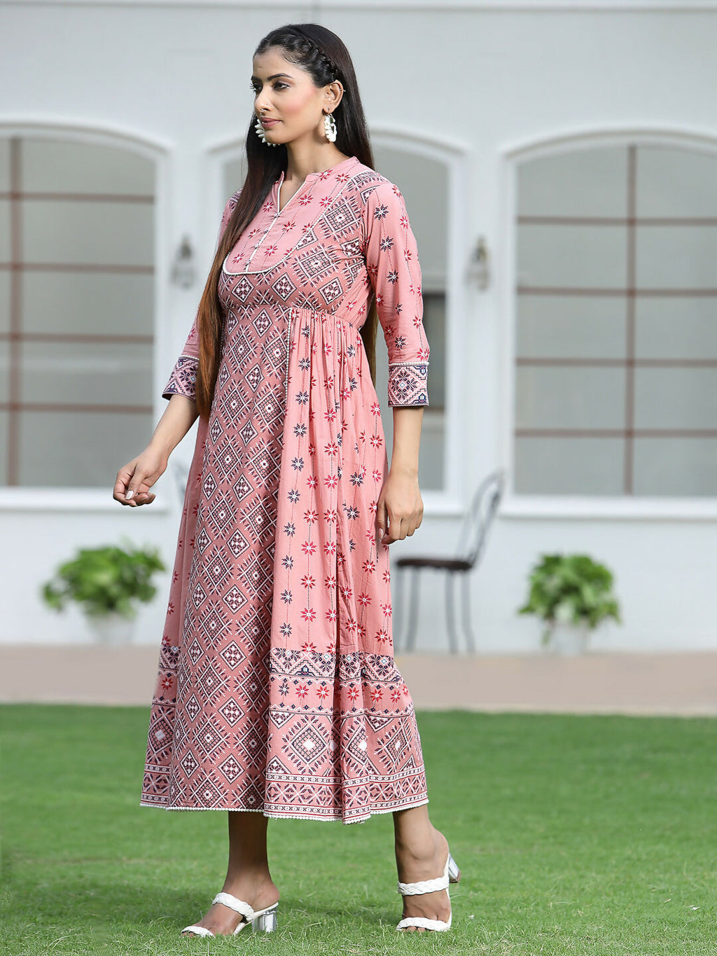 Juniper Peach Geometric Printed Pure Cotton Maxi Dress With Lace Work - Distacart