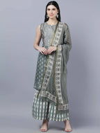 Myshka Women Grey Ethnic Motifs Printed Kurta with Shararas With Dupatta Set - Distacart