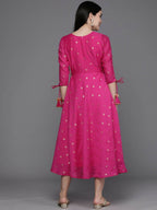 Ahalyaa Women Foil Printed A-Line Midi Ethnic Dress - Pink Color - Distacart