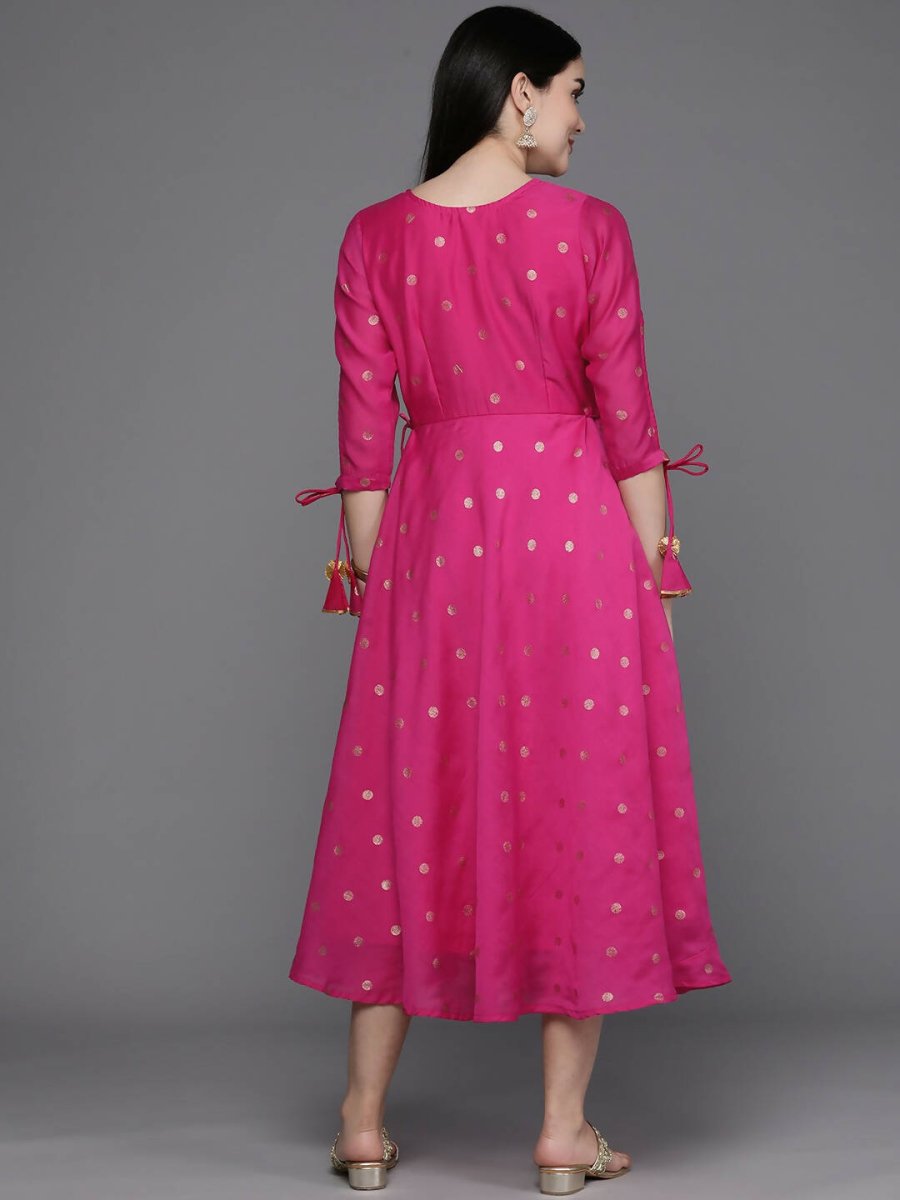Ahalyaa Women Foil Printed A-Line Midi Ethnic Dress - Pink Color - Distacart