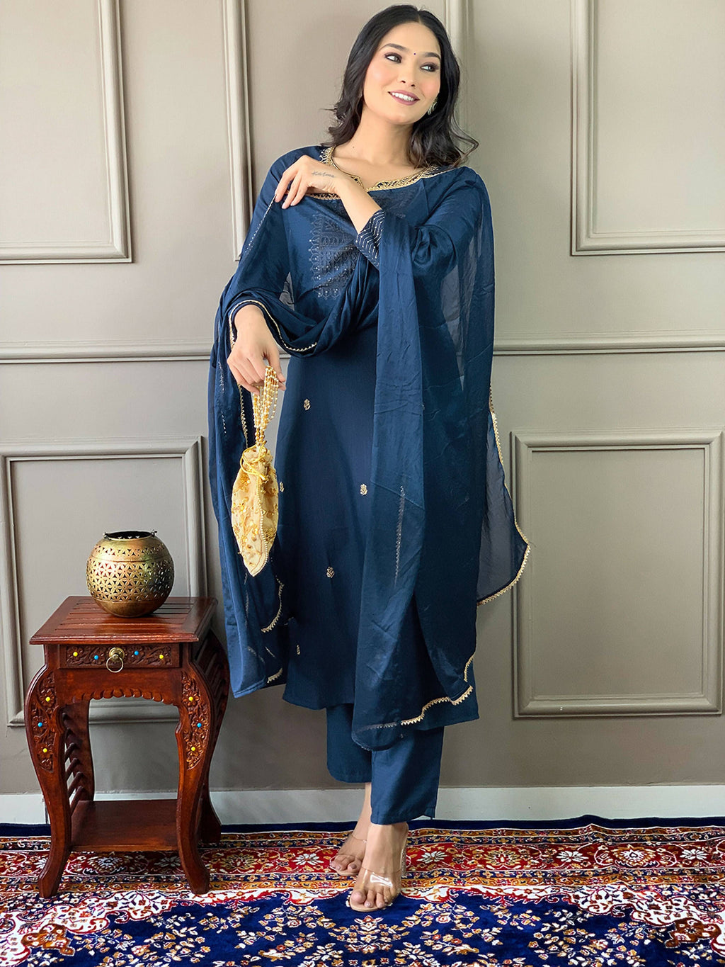 Partywear Designer Rayon Slub Blue Stitched Suit With Dupatta - Tanisha