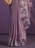 Lavender Crepe Satin Silk Embroidered Saree With Stitched Blouse - Mohmanthan Exotica