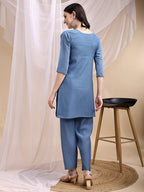 Hand Embroidered & Painted Kurta With Pant, Blue - Hiral Fashion - Distacart