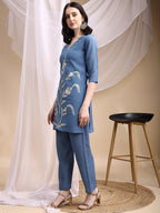 Hand Embroidered & Painted Kurta With Pant, Blue - Hiral Fashion - Distacart