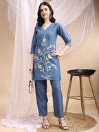 Hand Embroidered & Painted Kurta With Pant, Blue - Hiral Fashion - Distacart