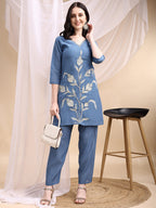 Hand Embroidered & Painted Kurta With Pant, Blue - Hiral Fashion - Distacart