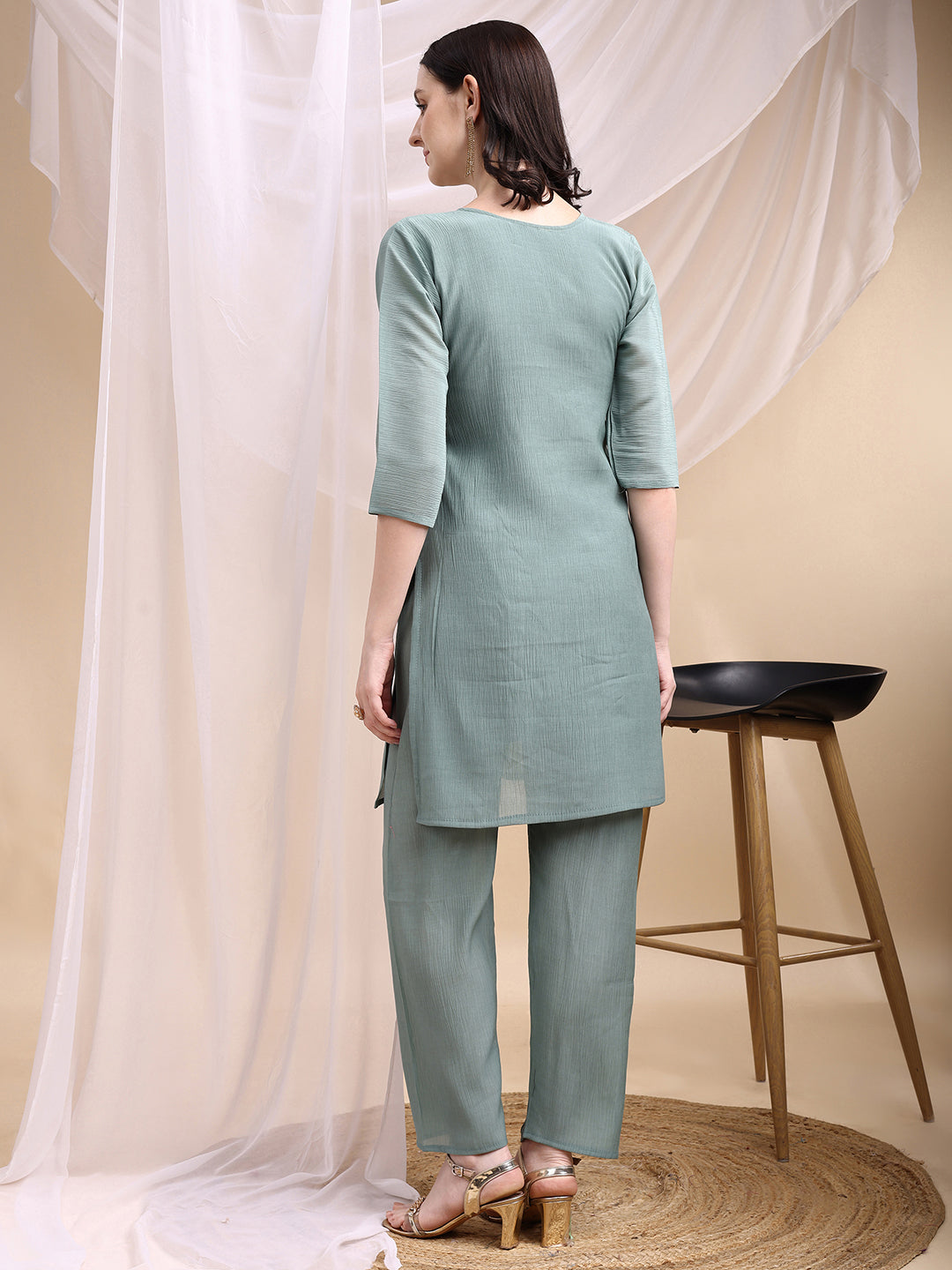 Hand Embroidered & Painted Kurta With Pant, Green - Hiral Fashion - Distacart