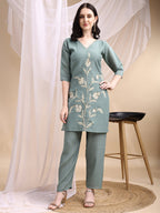Hand Embroidered & Painted Kurta With Pant, Green - Hiral Fashion - Distacart