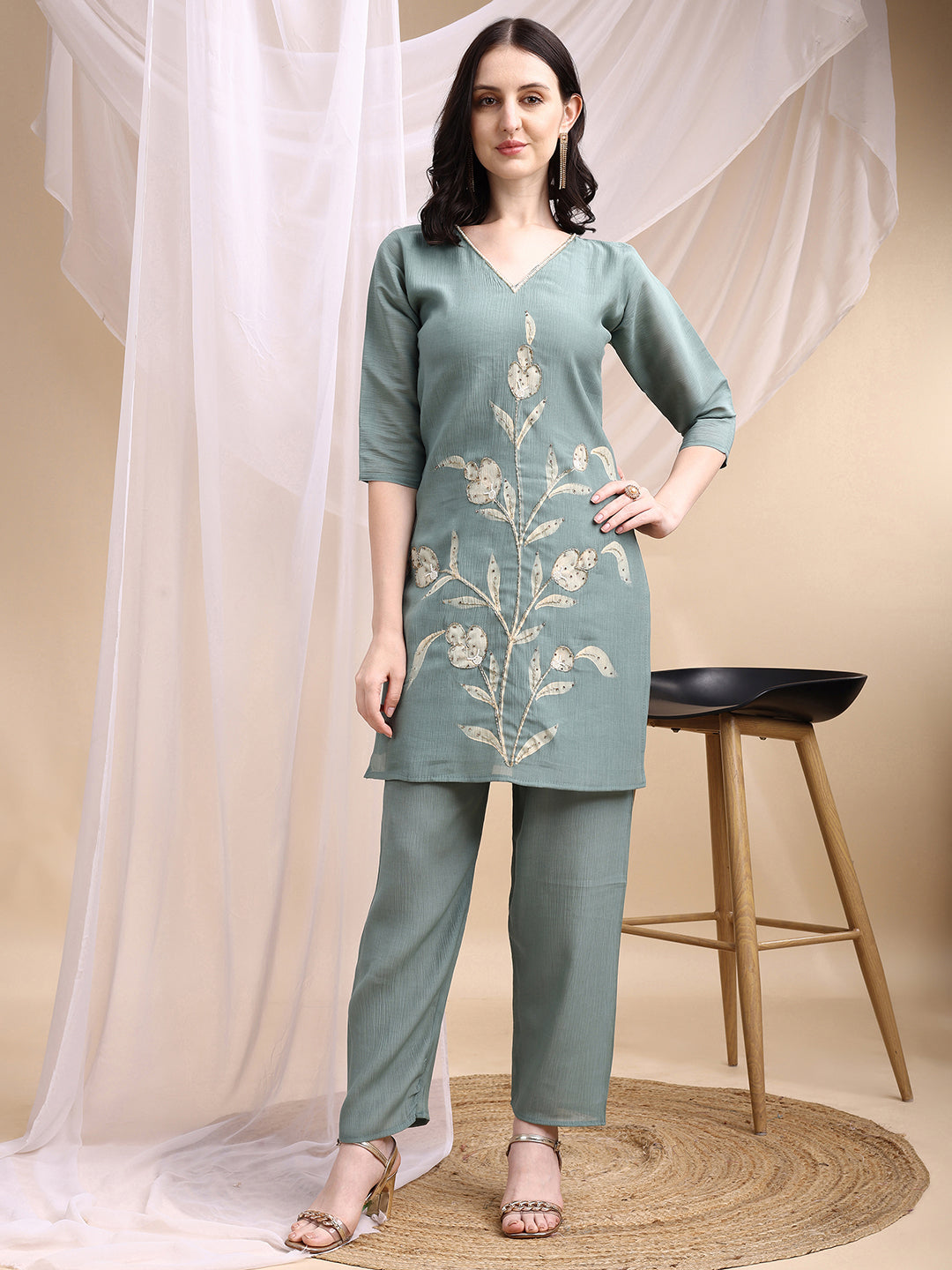 Hand Embroidered & Painted Kurta With Pant, Green - Hiral Fashion - Distacart