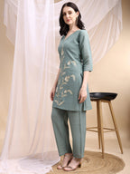 Hand Embroidered & Painted Kurta With Pant, Green - Hiral Fashion - Distacart