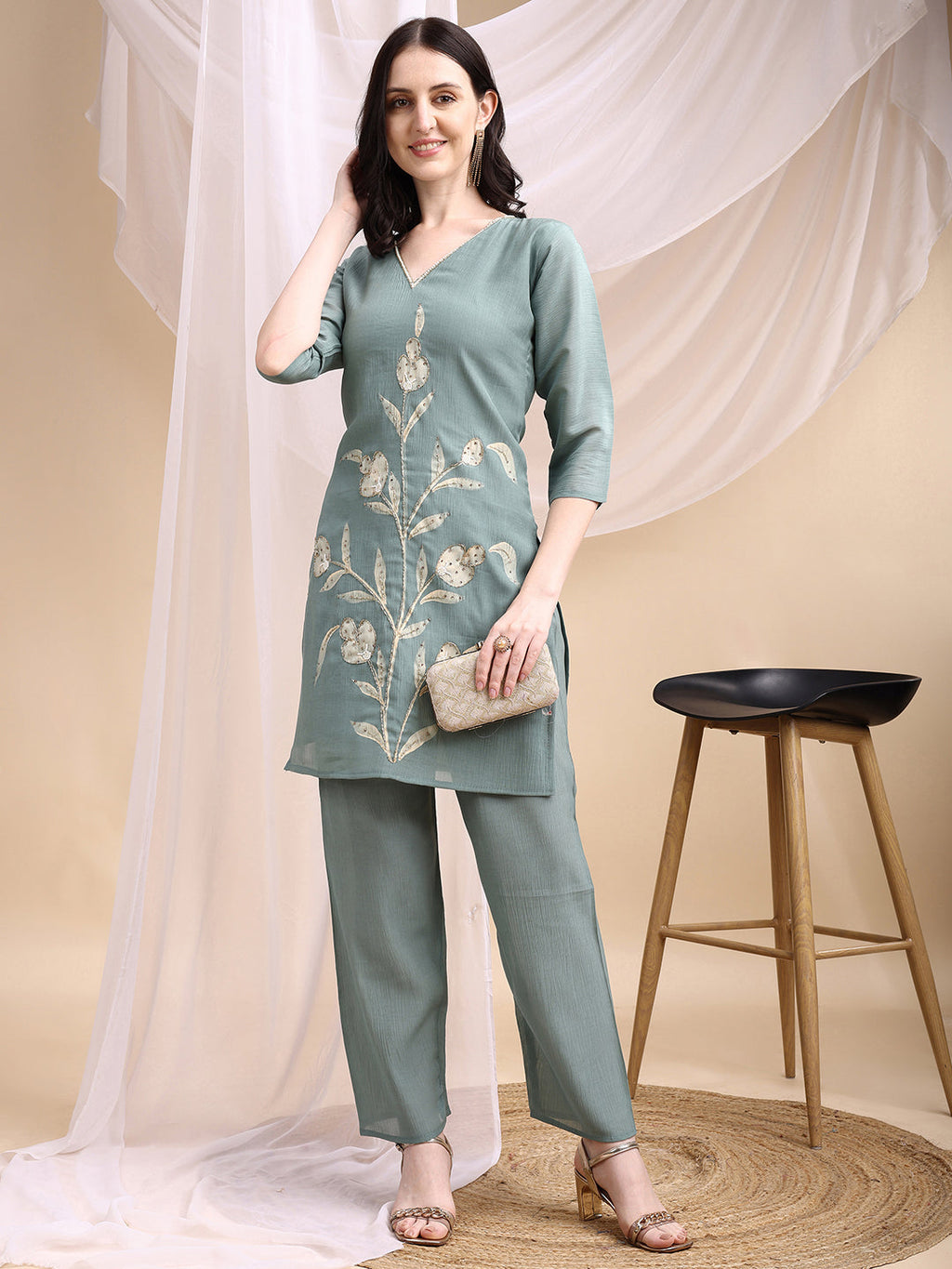 Hand Embroidered & Painted Kurta With Pant, Green - Hiral Fashion - Distacart