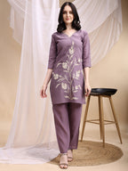 Hand Embroidered & Painted Kurta With Pant, Lavender - Hiral Fashion - Distacart