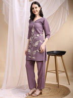 Hand Embroidered & Painted Kurta With Pant, Lavender - Hiral Fashion - Distacart