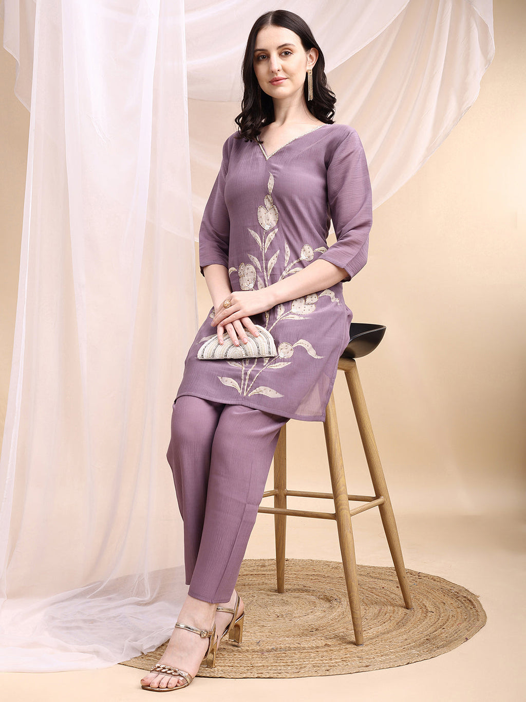 Hand Embroidered & Painted Kurta With Pant, Lavender - Hiral Fashion - Distacart