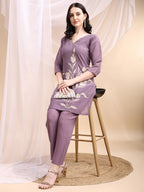 Hand Embroidered & Painted Kurta With Pant, Lavender - Hiral Fashion - Distacart