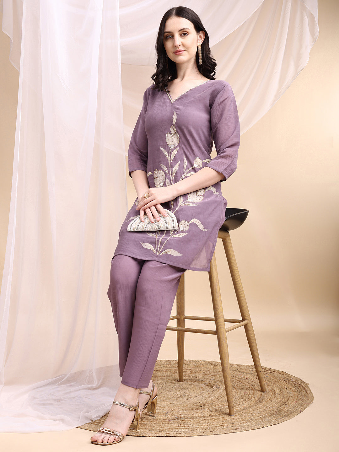Hand Embroidered & Painted Kurta With Pant, Lavender - Hiral Fashion - Distacart
